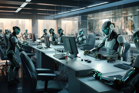 Robots working in a modern office. 3d rendering toned imageの素材