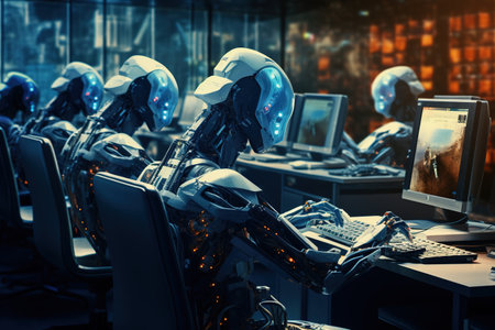 Cyborgs working on computers. 3d rendering toned imageの素材