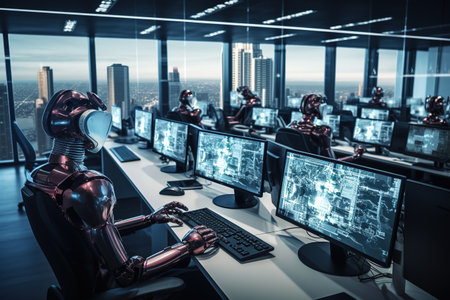 Red robot working in a modern office with multiple monitors and city viewの素材