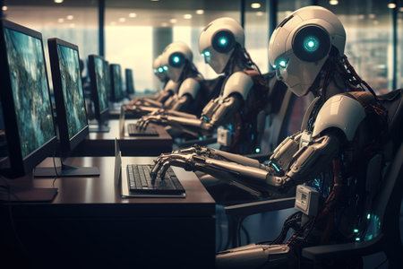 Group of robots working on computers in the office. 3d renderingの素材