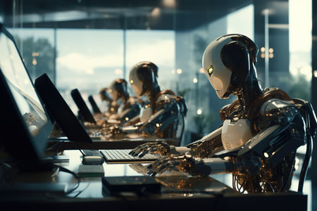 Group of robots working on computers in modern office. Artificial intelligence conceptの素材
