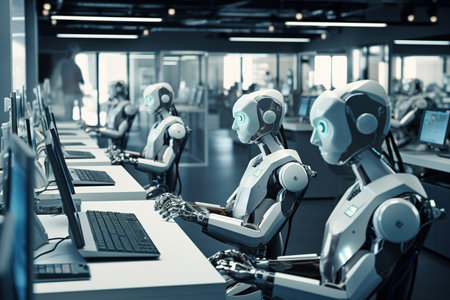 Group of robots working on computers in modern office. Artificial intelligence conceptの素材