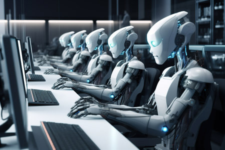 3d rendering humanoid robots working in a computer room in the officeの素材