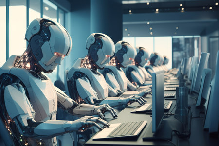 3d rendering humanoid robot working on computer in a modern office.の素材