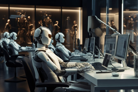 3d rendering of a female robot sitting in a modern office interiorの素材