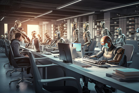 Cyborgs working in a modern office. 3D rendering.の素材