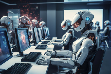 3d rendering humanoid robot working in a modern office with computer monitorsの素材