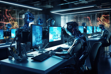 Cyborgs working in a modern office. 3D rendering.の素材