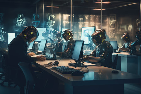 Cyborgs working on computers in a server room. 3D Renderingの素材
