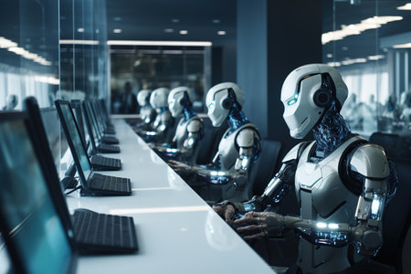 Group of robots working in a modern office. Artificial intelligence concept.の素材