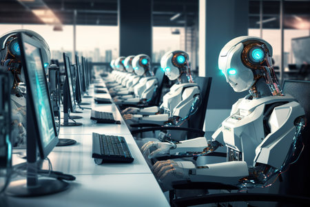 Row of robots in a modern office. 3d rendering toned imageの素材