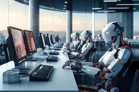3d rendering humanoid robot working in modern office with computer monitors on tableの素材