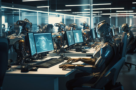 Cyborgs working on computers in a modern office. 3d renderingの素材