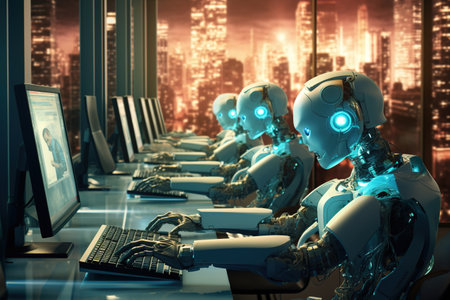 3d rendering humanoid robots working on computers in modern office with city viewの素材