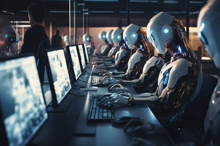 Group of robots working on computers in modern office. 3D renderingの素材
