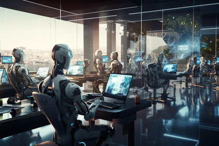 3d rendering humanoid robot working in modern office with cityscape backgroundの素材