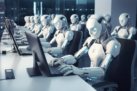 3d rendering humanoid robot working on laptop computer in modern office interiorの素材