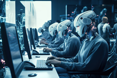 Cyborgs working on computers in a modern office. 3d renderingの素材