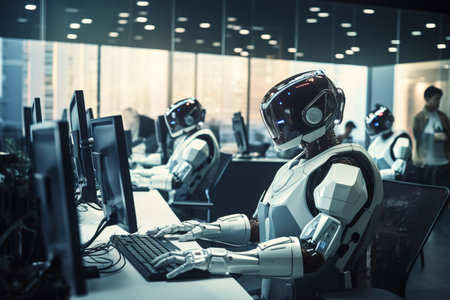 Robot humanoid working with computer in modern office. 3D renderingの素材