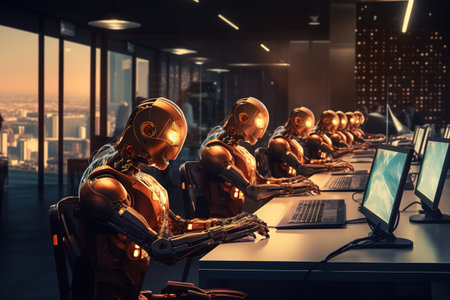 Cyborgs working in a modern office. 3D rendering.の素材