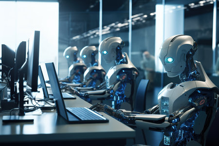 Group of robots working in a modern office. 3d rendering.の素材
