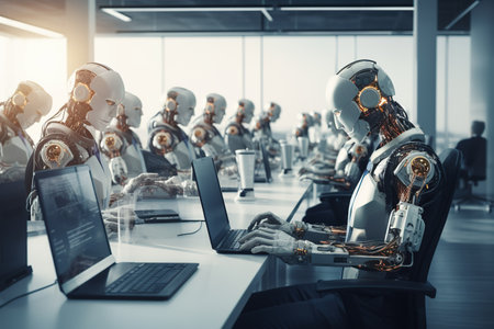 Group of robots working on computers in modern office. Toned imageの素材
