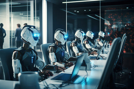 Group of young robots working in a modern office. 3d renderingの素材