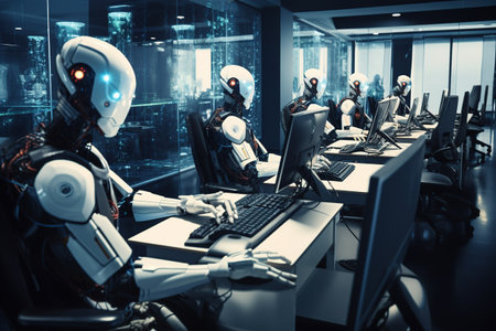 Group of robots working in a modern office. 3D Renderingの素材