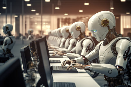 3d rendering group of robots working in a modern office at nightの素材