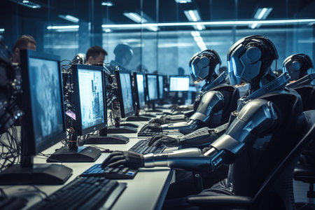 Cyborgs working on computers in a modern office. 3D Renderingの素材