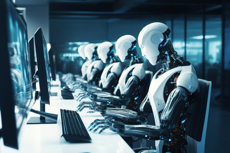 Row of robots in front of a computer monitor. 3d renderingの素材