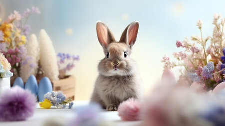Cute Easter bunny and flowers on table against blurred background, closeupの素材