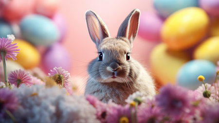 Cute bunny and easter eggs on colorful bokeh backgroundの素材