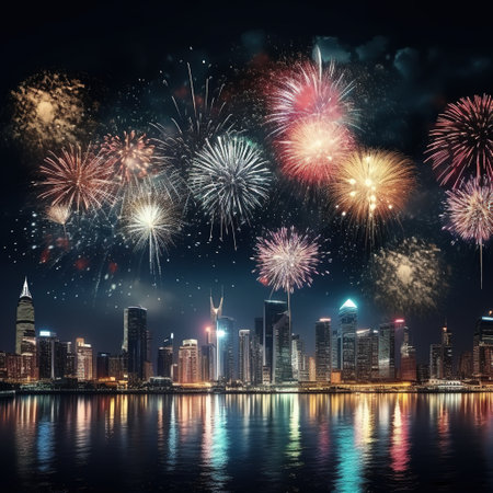 Fireworks over the city at night, Hong Kong, China.の素材