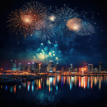 Fireworks over the city with reflection in the water, abstract backgroundの素材