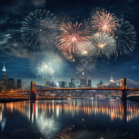 Celebratory firework over Brooklyn Bridge, New York City, USAの素材