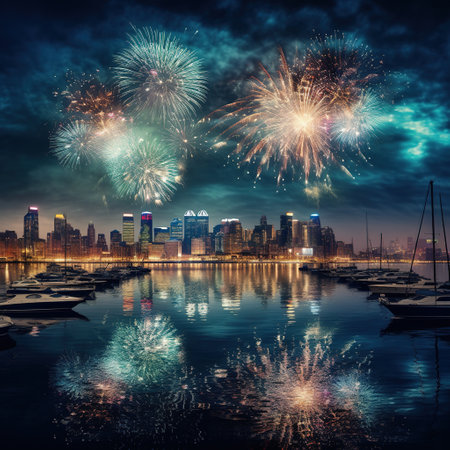 Colorful fireworks over Chicago skyline at night, Illinois, USA.の素材