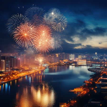 beautiful fireworks in the night sky over the city and the riverの素材