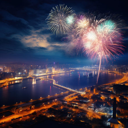 Aerial view of the cityscape with fireworks at night in Chinaの素材