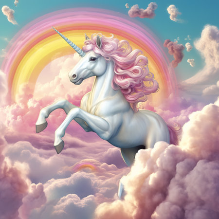 Unicorn with pink mane and long mane in the cloudsの素材