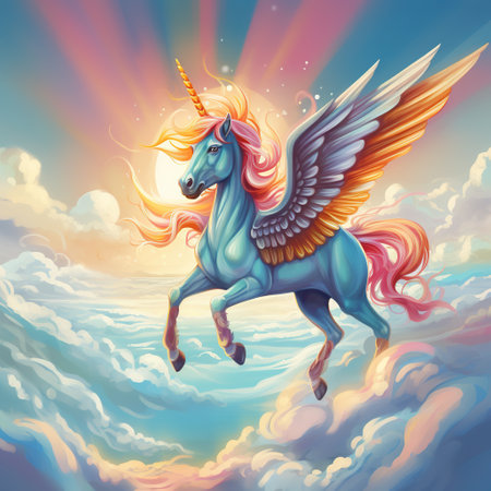 Unicorn flying in the sky with clouds. Vector illustration.の素材