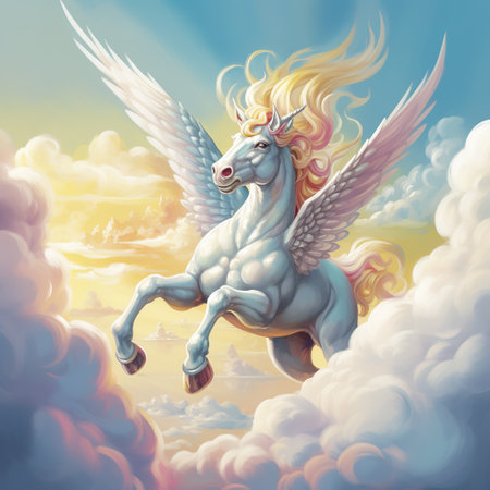 Unicorn flying in the sky with clouds. Fantasy illustration.の素材