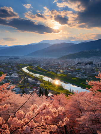 Cherry blossoms and the city of Kyoto, Japan at sunsetの素材
