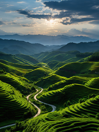 Green tea terrace at sunset, Mu Cang Chai, Vietnamの素材