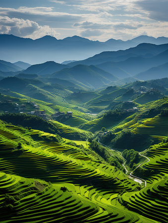 Green Terraced Rice Field in Mu Cang Chai, Vietnamの素材