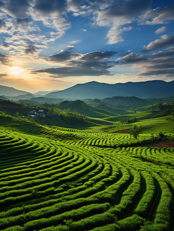 Tea Plantation at Sunrise, Chiang Rai Province, Thailand.の素材