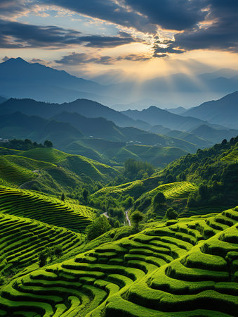 Green tea terraces at sunset, Mu Cang Chai, Vietnamの素材