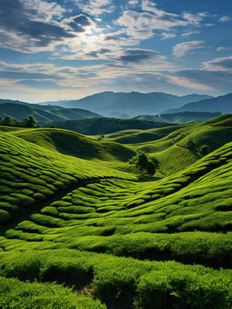 Tea Plantation at Sunrise in Munnar, Kerala, India.の素材