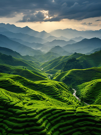 Green tea terraces in the mountains at sunset, Mu Cang Chai, Vietnamの素材