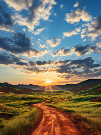 Dirt road in the steppe at sunset. Composition of nature.の素材